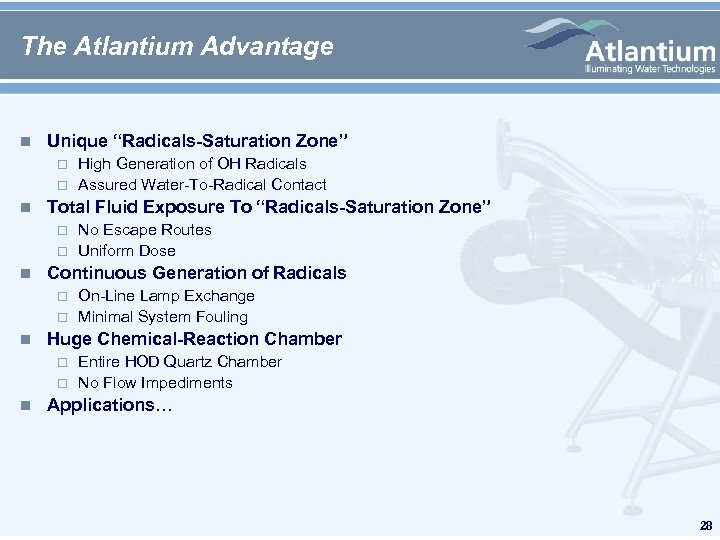 The Atlantium Advantage n Unique “Radicals-Saturation Zone” n Total Fluid Exposure To “Radicals-Saturation Zone”