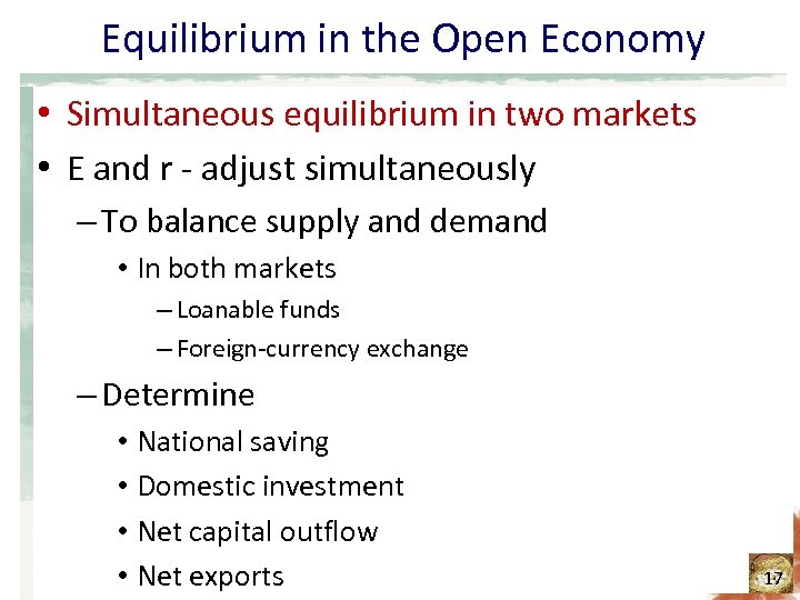 Equilibrium in the Open Economy • Simultaneous equilibrium in two markets • E and