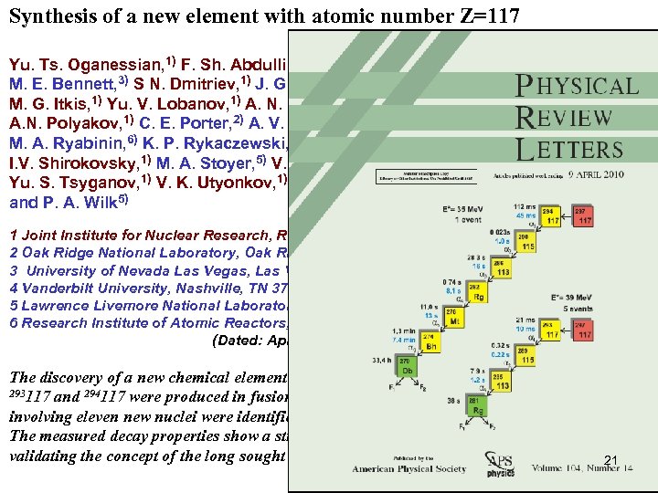 Synthesis of a new element with atomic number Z=117 Yu. Ts. Oganessian, 1) F.