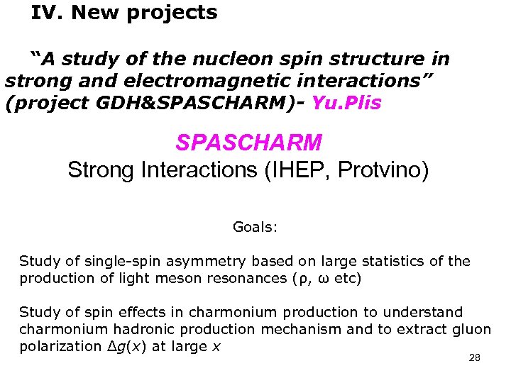 IV. New projects “A study of the nucleon spin structure in strong and electromagnetic