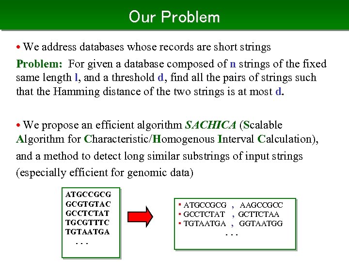 Our Problem • We address databases whose records are short strings Problem: For given