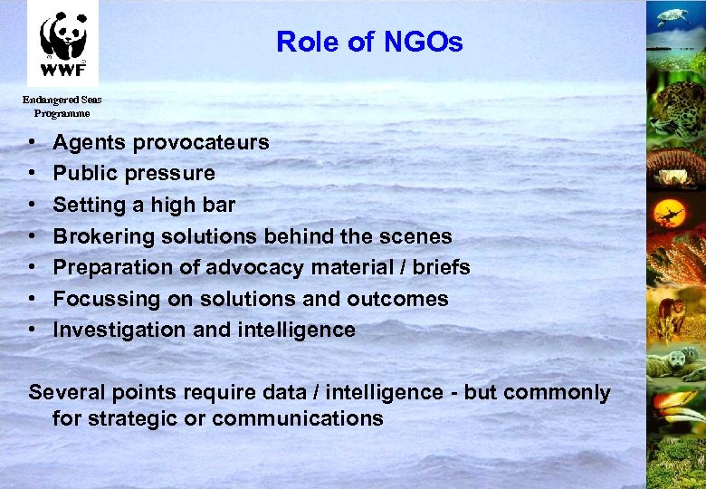 Role of NGOs Endangered Seas Programme • • Agents provocateurs Public pressure Setting a