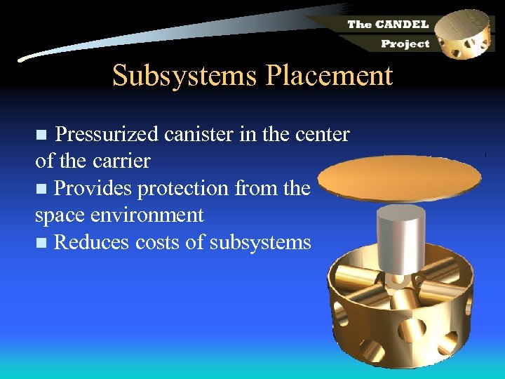 Subsystems Placement Pressurized canister in the center of the carrier n Provides protection from