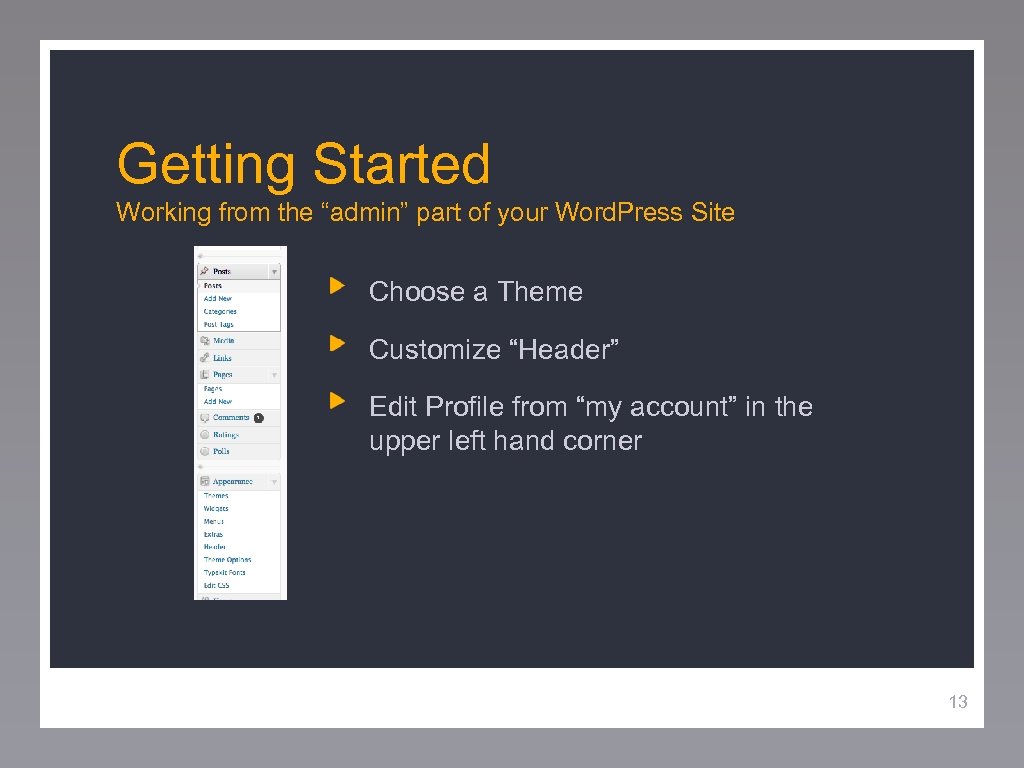 Getting Started Working from the “admin” part of your Word. Press Site Choose a