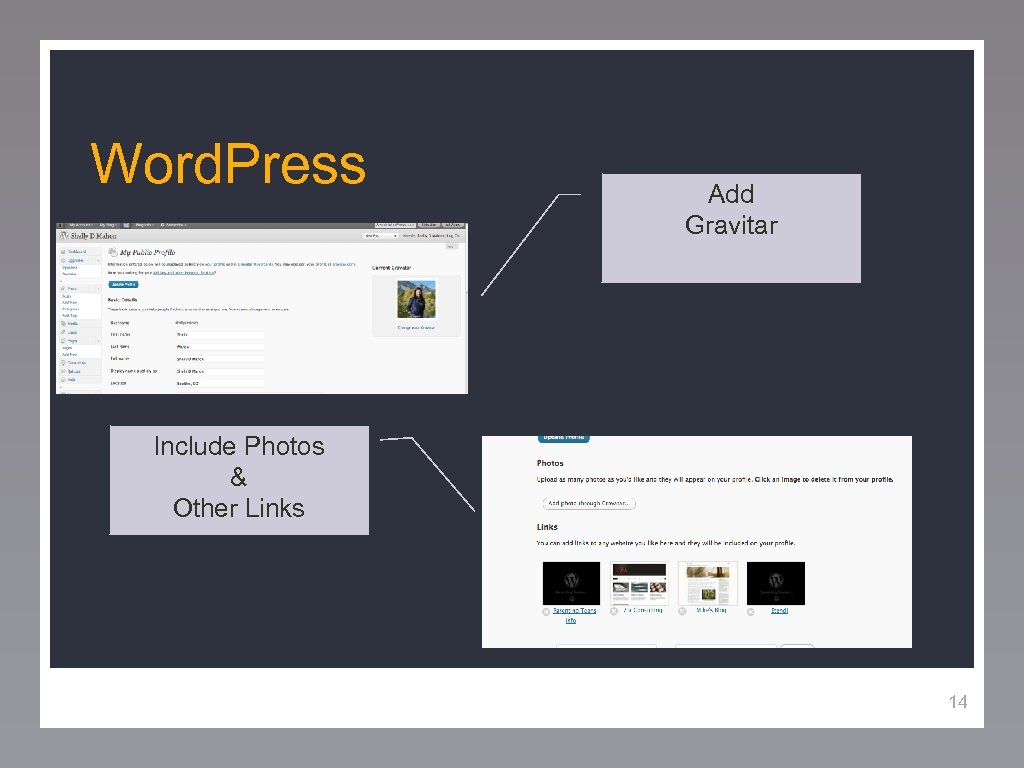 Word. Press Add Gravitar Include Photos & Other Links 14 