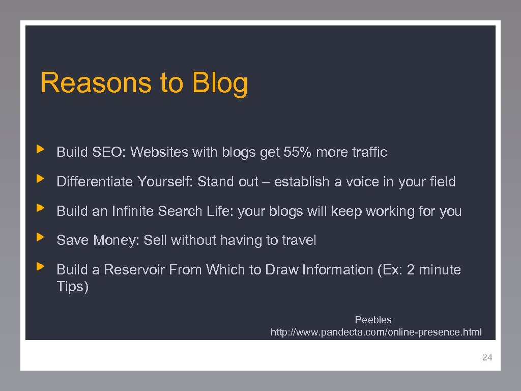 Reasons to Blog Build SEO: Websites with blogs get 55% more traffic Differentiate Yourself: