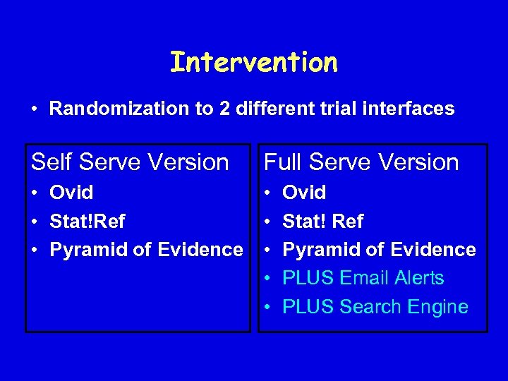 Intervention • Randomization to 2 different trial interfaces Self Serve Version Full Serve Version