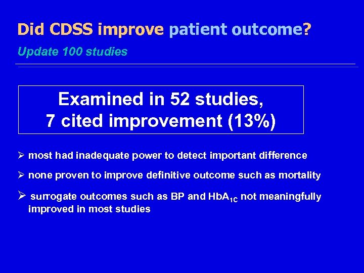 Did CDSS improve patient outcome? Update 100 studies Examined in 52 studies, 7 cited