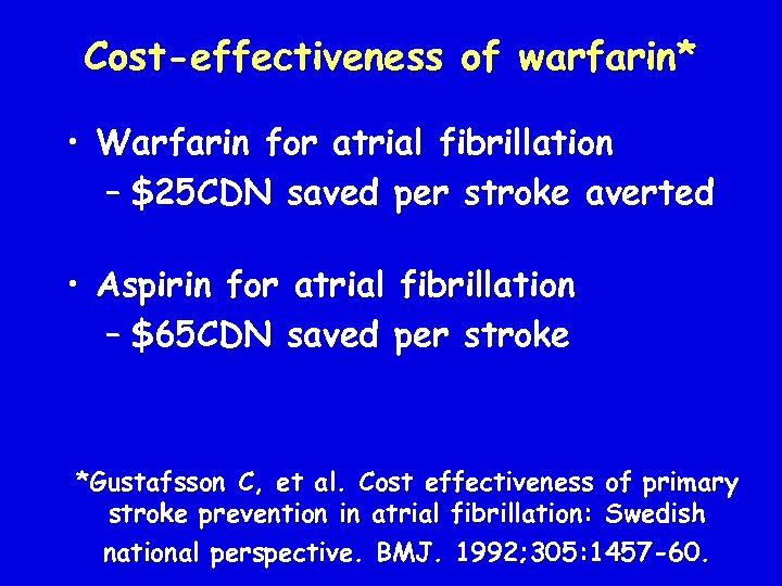 Cost-effectiveness of warfarin* • Warfarin for atrial fibrillation – $25 CDN saved per stroke