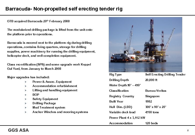 Barracuda- Non-propelled self erecting tender rig GTB acquired Barracuda 20 th February 2008 The