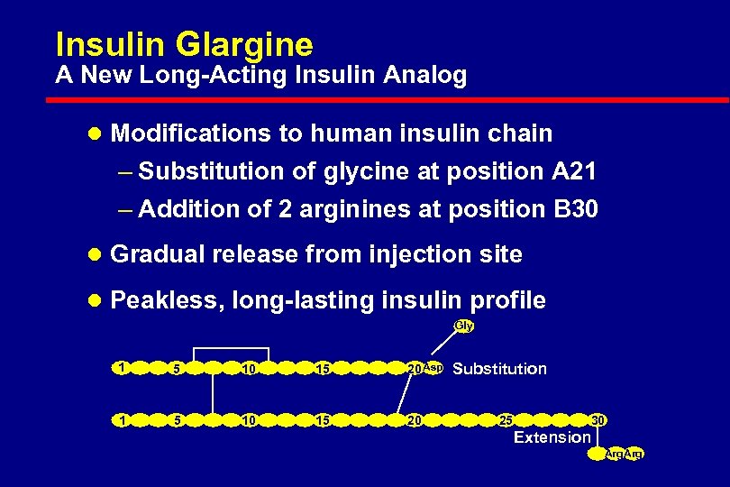 Insulin Glargine A New Long-Acting Insulin Analog l Modifications to human insulin chain –