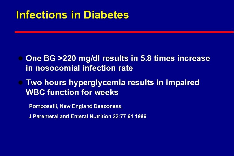 Infections in Diabetes l One BG >220 mg/dl results in 5. 8 times increase