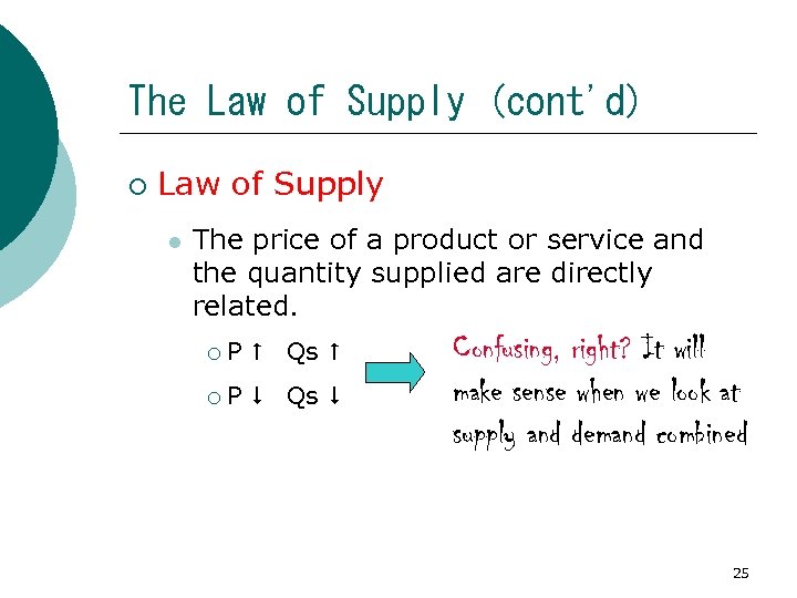 The Law of Supply (cont'd) ¡ Law of Supply l The price of a
