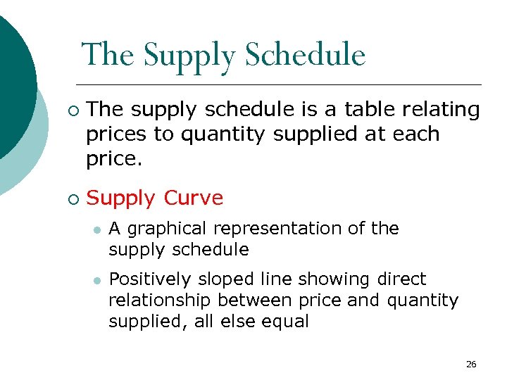 The Supply Schedule ¡ ¡ The supply schedule is a table relating prices to