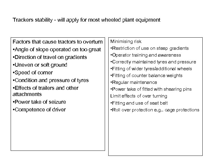 Trackers stability - will apply for most wheeled plant equipment Factors that cause tractors