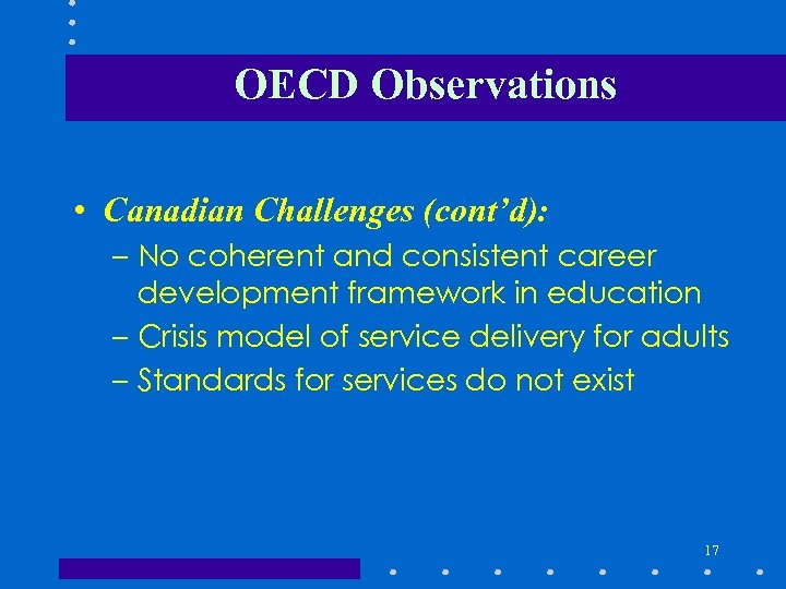 OECD Observations • Canadian Challenges (cont’d): – No coherent and consistent career development framework