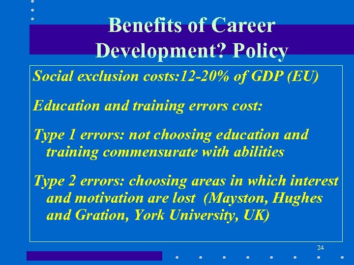 Benefits of Career Development? Policy Social exclusion costs: 12 -20% of GDP (EU) Education