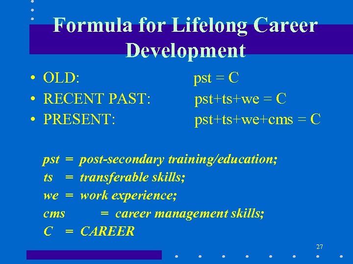 Formula for Lifelong Career Development • OLD: • RECENT PAST: • PRESENT: pst =
