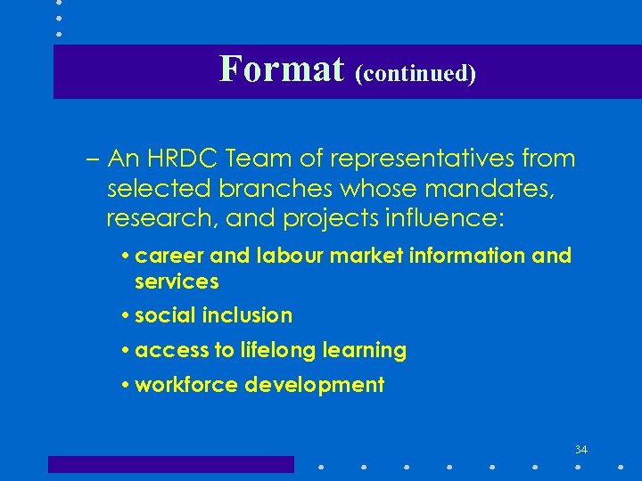 Format (continued) – An HRDC Team of representatives from selected branches whose mandates, research,