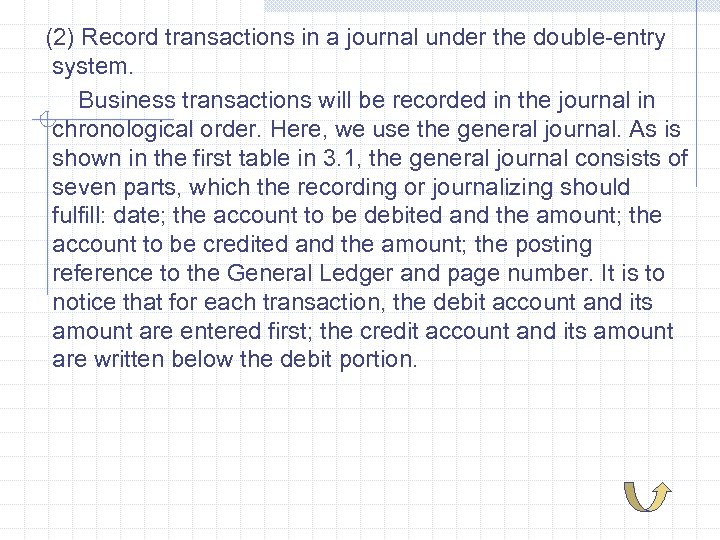 (2) Record transactions in a journal under the double-entry system. Business transactions will be