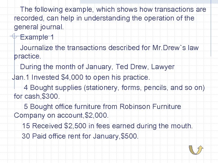 The following example, which shows how transactions are recorded, can help in understanding the