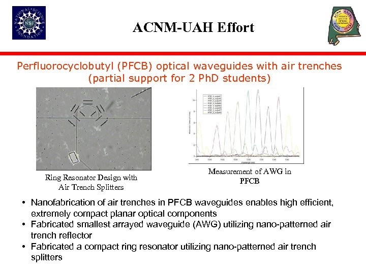 ACNM-UAH Effort Perfluorocyclobutyl (PFCB) optical waveguides with air trenches (partial support for 2 Ph.