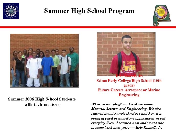 Summer High School Program Summer 2006 High School Students with their mentors Eric Rousell,