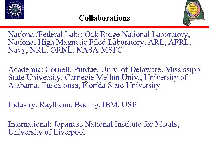 Collaborations National/Federal Labs: Oak Ridge National Laboratory, National High Magnetic Filed Laboratory, ARL, AFRL,