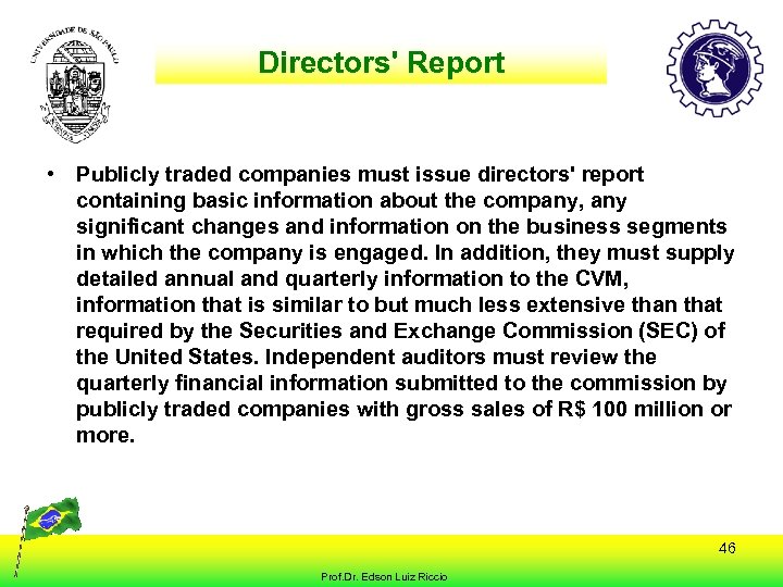 Directors' Report • Publicly traded companies must issue directors' report containing basic information about