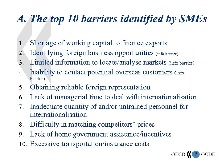 A. The top 10 barriers identified by SMEs 1. Shortage of working capital to