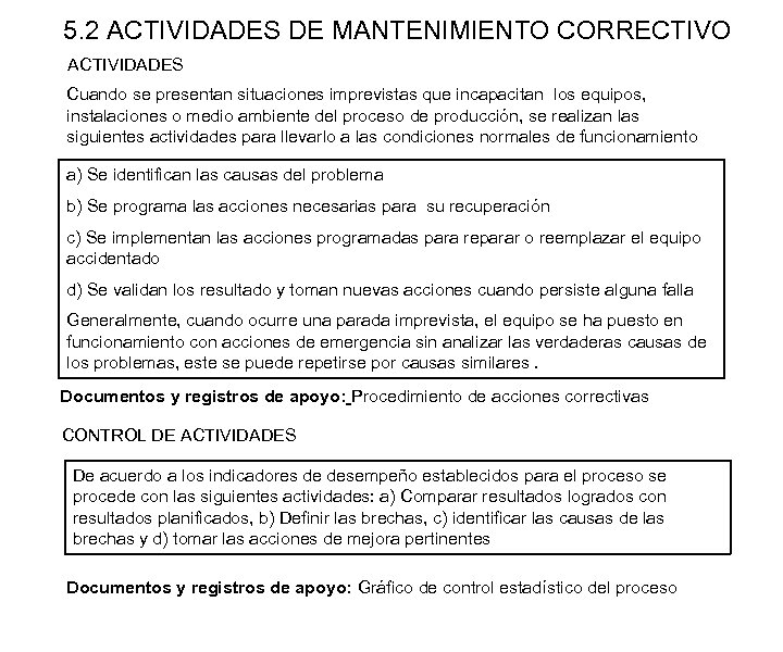 5. 2 ACTIVIDADES DE MANTENIMIENTO CORRECTIVO ACTIVIDADES Cuando se presentan situaciones imprevistas que incapacitan