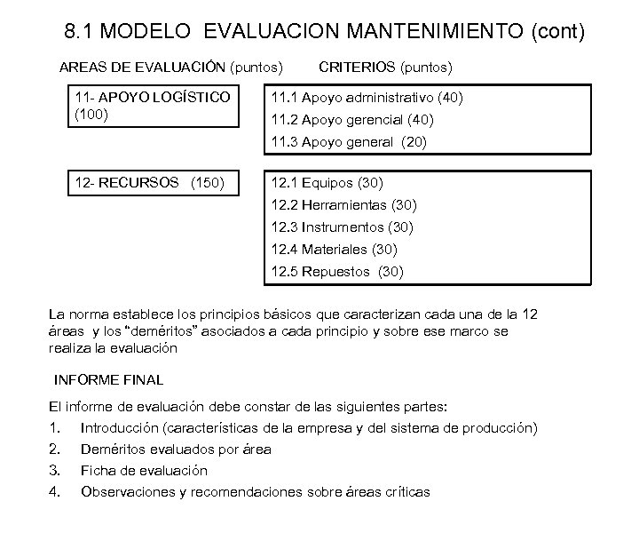 8. 1 MODELO EVALUACION MANTENIMIENTO (cont) AREAS DE EVALUACIÓN (puntos) 11 - APOYO LOGÍSTICO