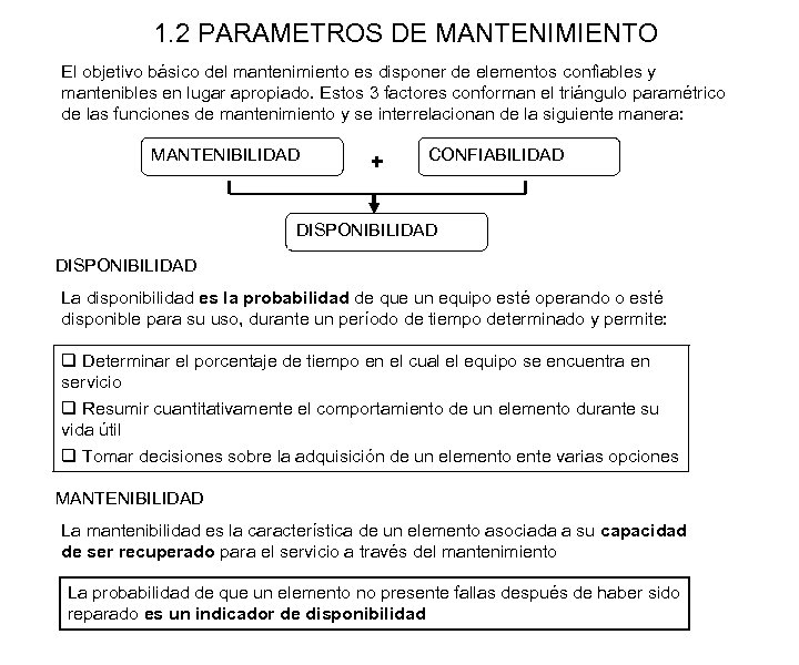 1. 2 PARAMETROS DE MANTENIMIENTO El objetivo básico del mantenimiento es disponer de elementos