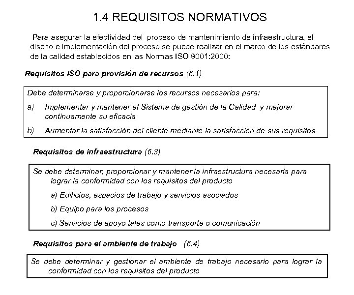 1. 4 REQUISITOS NORMATIVOS Para asegurar la efectividad del proceso de mantenimiento de infraestructura,