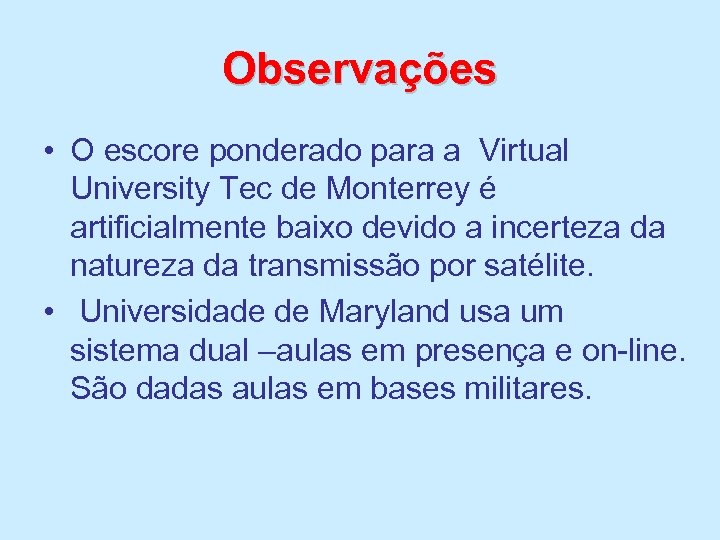 Observações • O escore ponderado para a Virtual University Tec de Monterrey é artificialmente