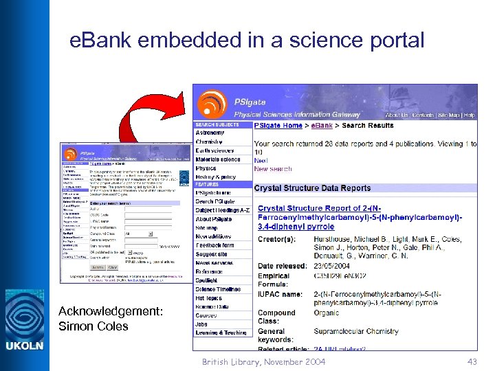 e. Bank embedded in a science portal Acknowledgement: Simon Coles British Library, November 2004