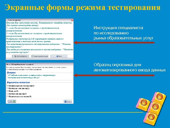 Экранные формы режима тестирования Инструкция специалиста по исследованию рынка образовательных услуг Образец опросника для