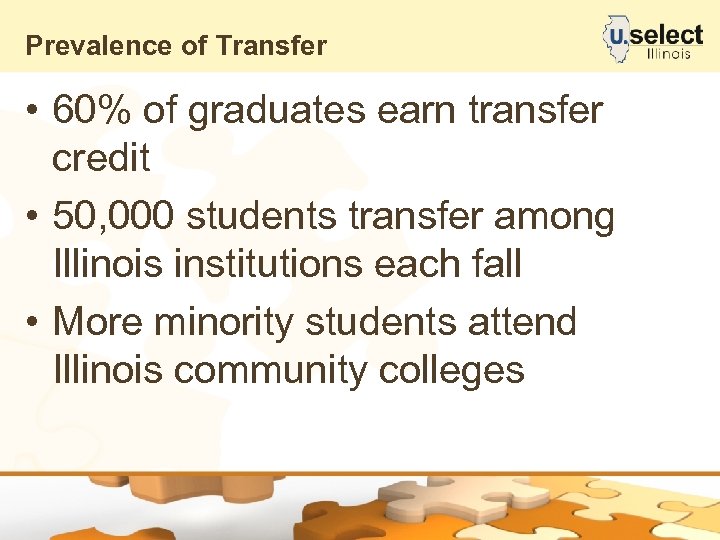 Prevalence of Transfer • 60% of graduates earn transfer credit • 50, 000 students
