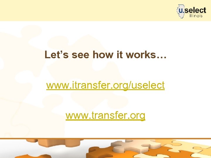 Let’s see how it works… www. itransfer. org/uselect www. transfer. org 
