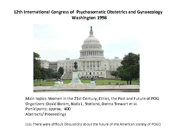 12 th International Congress of Psychosomatic Obstetrics and Gynaecology Washington 1998 Main topics: Women