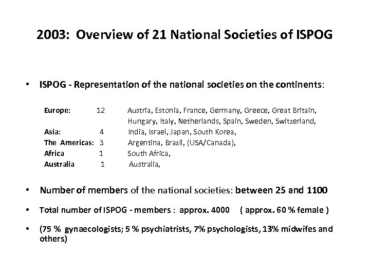 2003: Overview of 21 National Societies of ISPOG • ISPOG - Representation of the