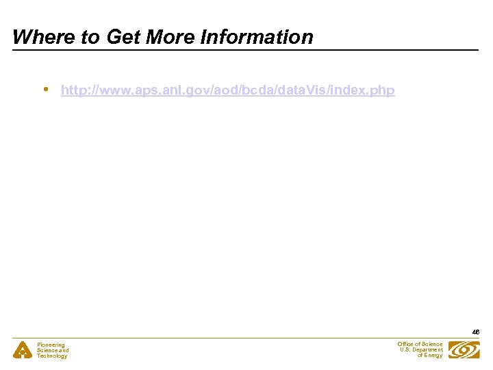 Where to Get More Information • http: //www. aps. anl. gov/aod/bcda/data. Vis/index. php 46