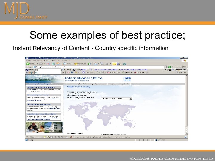 Some examples of best practice; Instant Relevancy of Content - Country specific information 