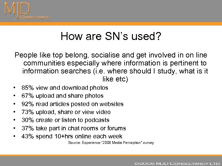 How are SN’s used? People like top belong, socialise and get involved in on