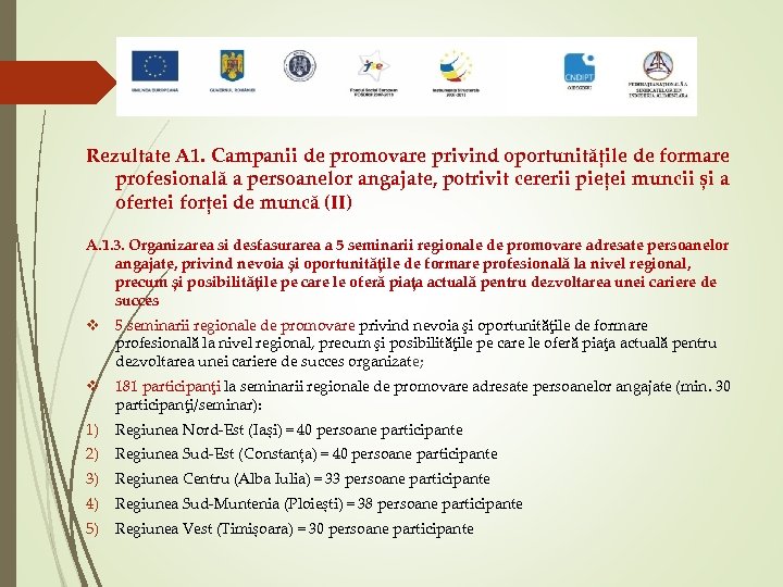 Rezultate A 1. Campanii de promovare privind oportunitățile de formare profesională a persoanelor angajate,