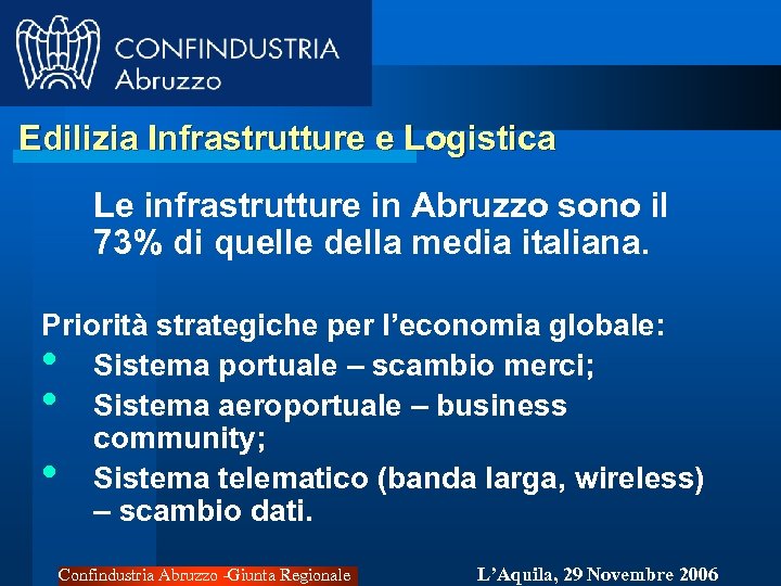 Edilizia Infrastrutture e Logistica Le infrastrutture in Abruzzo sono il 73% di quelle della