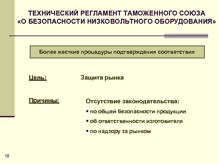 ТЕХНИЧЕСКИЙ РЕГЛАМЕНТ ТАМОЖЕННОГО СОЮЗА «О БЕЗОПАСНОСТИ НИЗКОВОЛЬТНОГО ОБОРУДОВАНИЯ» Более жесткие процедуры подтверждения соответствия Цель: