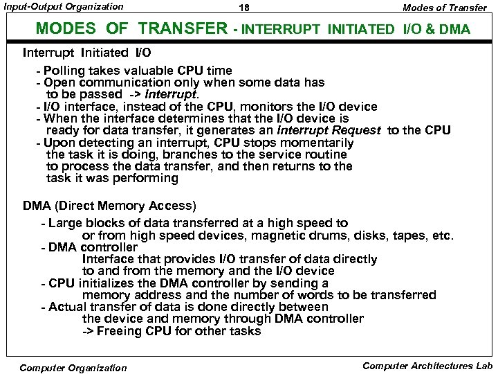 Input-Output Organization 18 Modes of Transfer MODES OF TRANSFER - INTERRUPT INITIATED I/O &
