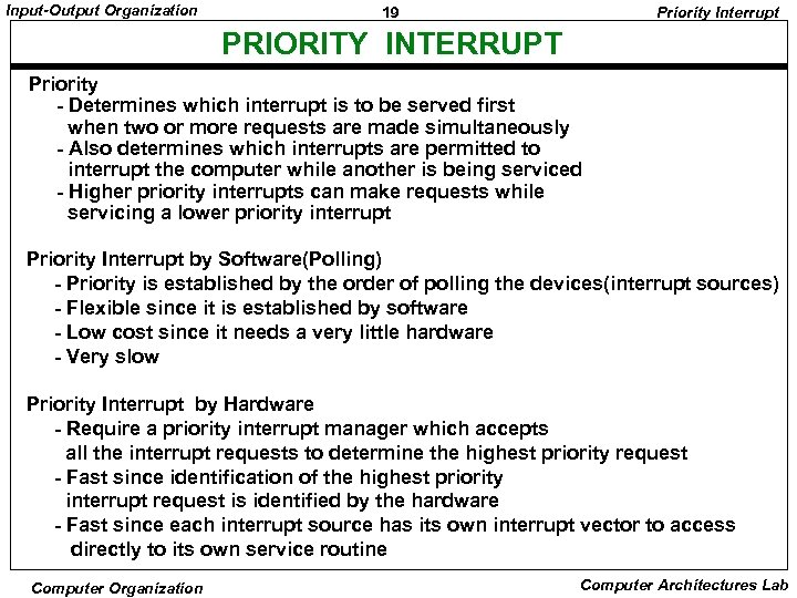 Input-Output Organization 19 Priority Interrupt PRIORITY INTERRUPT Priority - Determines which interrupt is to