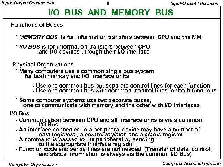 Input-Output Organization 6 Input/Output Interfaces I/O BUS AND MEMORY BUS Functions of Buses *